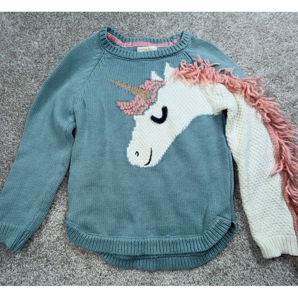 Cynthia Rowley Girls Blue Unicorn Knit Sweater 3D Mane Glitter Horn Size S 5/6